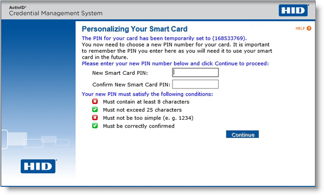 User portal page for Personalizing Your Smart Card where you can set and confirm a new PIN, with a Continue button at the bottom of the screen